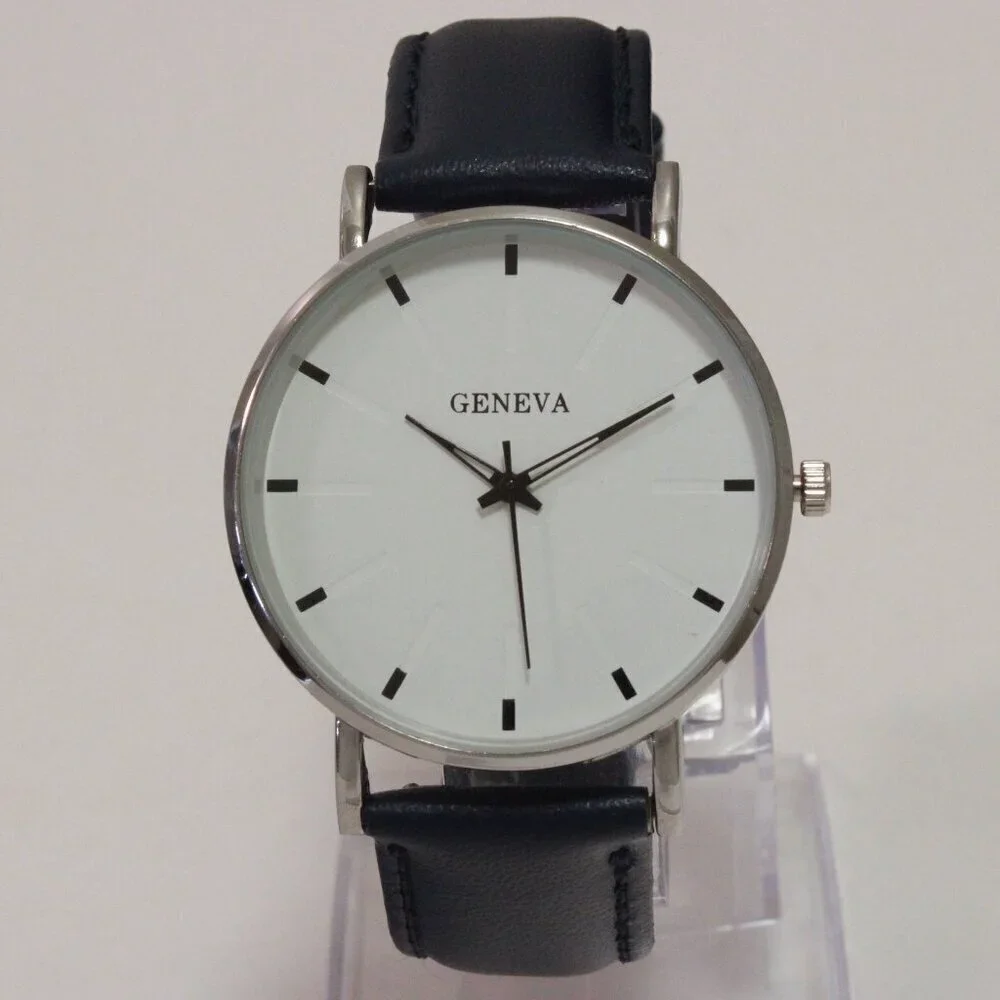Men's Minimalist Fashion Watch Silver Case White Dial Navy Blue Strap 40mm